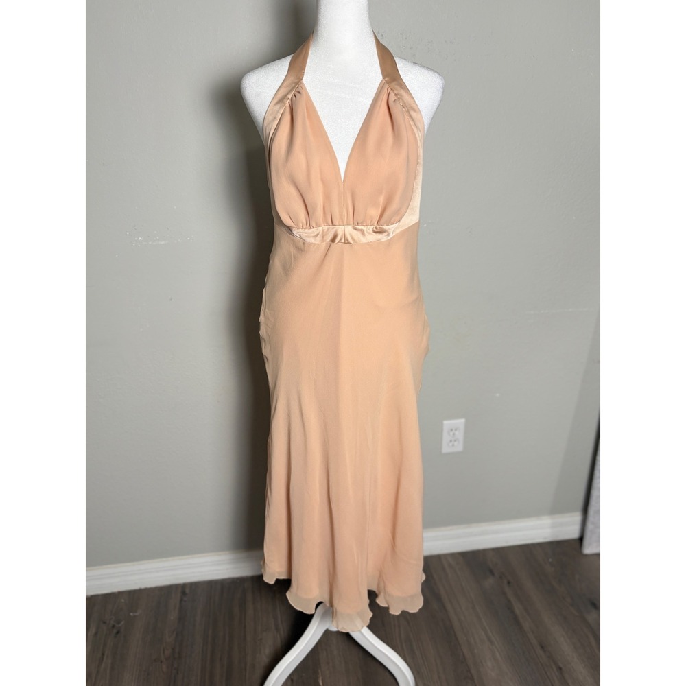 Nicole Miller Collection Peach 100% Silk Halter Midi Dress Open Back Size 12 - Picture 3 of 8